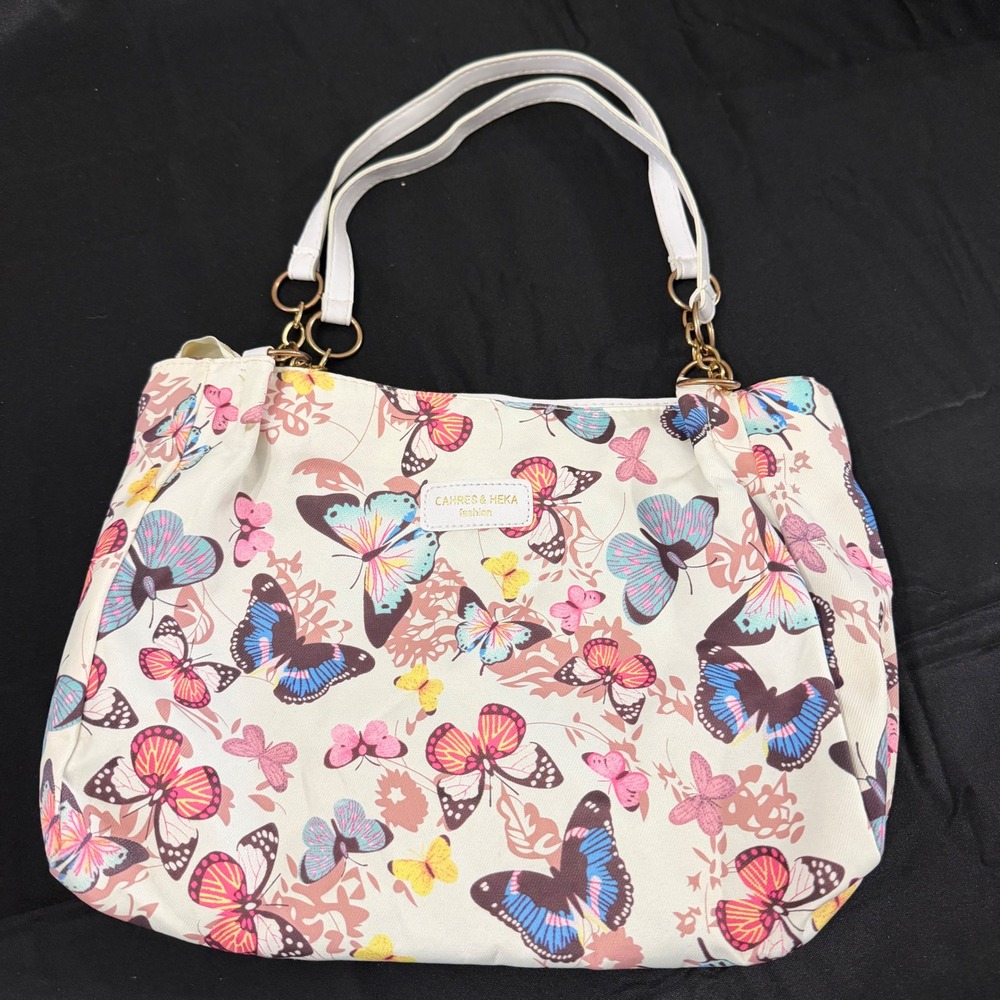 Cahres & Heka Butterfly Print Canvas Shoulder Bag White Gold Chain Straps